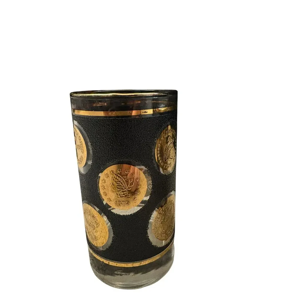 Libby Set 6 Black & Gold Liberty Coin Glasses Mid-century Modern Madmen Barware